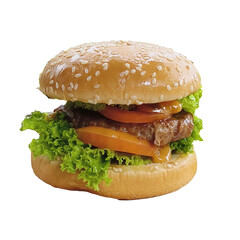 Burger Delight: A mouthwatering, appetizing burger with a toasted sesame bun, fresh lettuce, juicy tomato slices, and a perfectly cooked patty. A culinary treat to satisfy any craving.