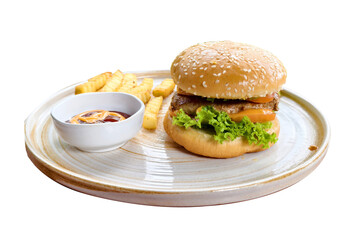 Savory Burger Platter: A mouthwatering sesame seed bun encases a juicy burger patty with fresh lettuce and melted cheese, served alongside crispy fries and a side of ketchup on a ceramic plate.
