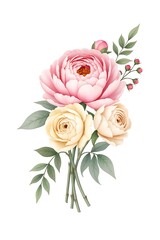 Fototapeta premium Elegant watercolor bouquet featuring a soft pink peony, delicate cream roses, and lush green foliage on a white background.