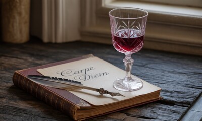 A vintage-style book, open to a page with "Carpe Diem" written in elegant script, sits on a dark wooden table.  A glass of red wine and a quill rest on the book. Soft light streams in from a window