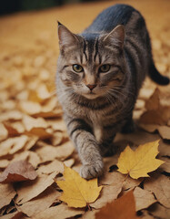 A cat walks through autumn leaves