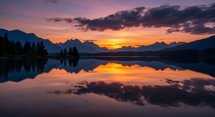 Majestic mountain range reflected in calm lake at vibrant sunset with dramatic clouds