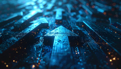 Digital Ascent: A close-up, photorealistic view of luminous, upward-pointing arrows, evoking a sense of progression, innovation, and technological advancement in a dynamic, modern context.