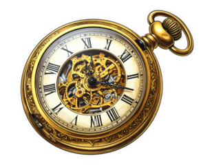  Distressed Vintage Gold Pocket Watch with Roman Numerals PNG