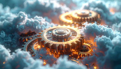 Celestial Gears in the Sky: Intricate mechanical gears float amidst a sea of clouds. A blend of industry and serenity.