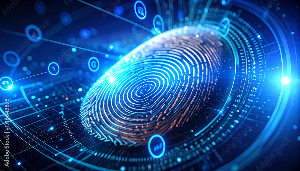 Poster digital identity: a futuristic and abstract representation of a fingerprint within a glowing digital