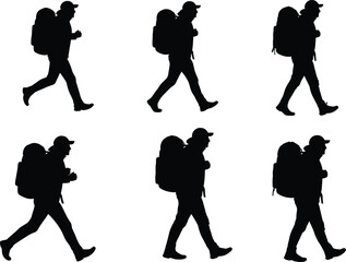 Silhouette of traveler walking with backpack, hiking journey, outdoor adventure, trekking motion, camping lifestyle, exploration, tourism, active lifestyle, nature travel