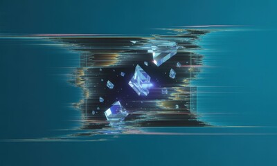 Abstract digital art; a dark, framed space filled with iridescent crystals, streaks of motion blur, and digital artifacts
