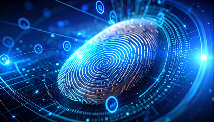 Digital Identity: A futuristic and abstract representation of a fingerprint within a glowing digital network, symbolizing security, identity, and technological innovation.
