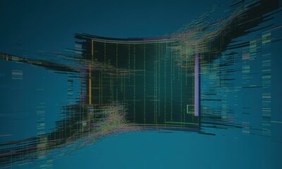Abstract digital art; distorted rectangle of data streams on a teal background