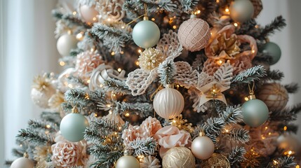 Fototapeta premium Elegant christmas tree with pastel ornaments and warm string lights decoration