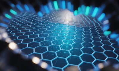 Fototapeta premium Abstract hexagonal grid, glowing with vibrant blue and teal light