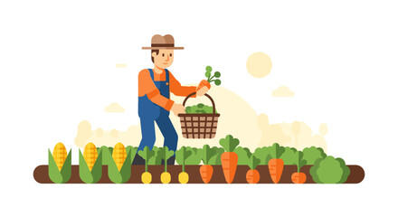 Fototapeta premium Farmer harvesting fresh vegetables in a garden flat vector illustration of agriculture and farming healthy eating concept