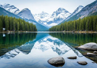 Serene mountain lake reflecting snow-capped peaks and evergreen forest under a clear sky, a stunning natural landscape ideal for travel and outdoor adventures