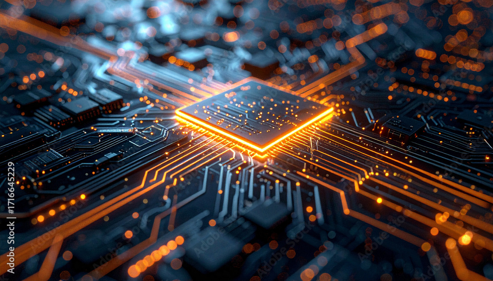 Poster digital circuit processor: an intricate, close-up shot illuminates a gleaming computer processor at 
