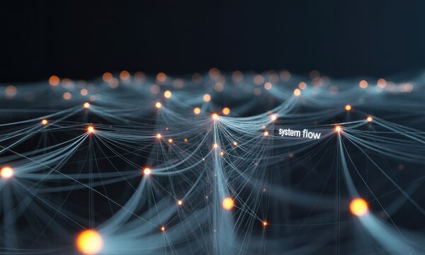 Abstract network of interconnected nodes.  Light trails and glowing points.  System flow text