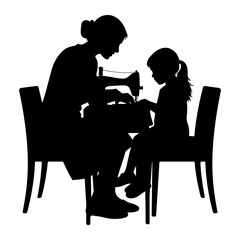 Mother teaching daughter sewing on machine silhouette
