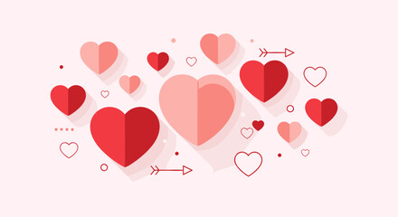 Group of Red and Pink Paper Hearts Isolated on White Background with Arrows and Dots symbolizing Love and Valentines Day