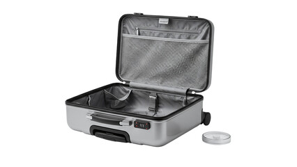 Open silver suitcase luggage with wheels travel bag for vacation and business trips modern and stylish design on transparent background