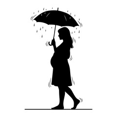 Pregnant silhouette under umbrella in rain pregnant woman