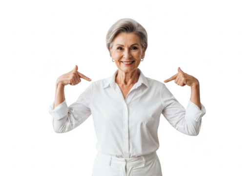 Joyful elderly woman in white shirt proudly points to herself with a smile transparent background