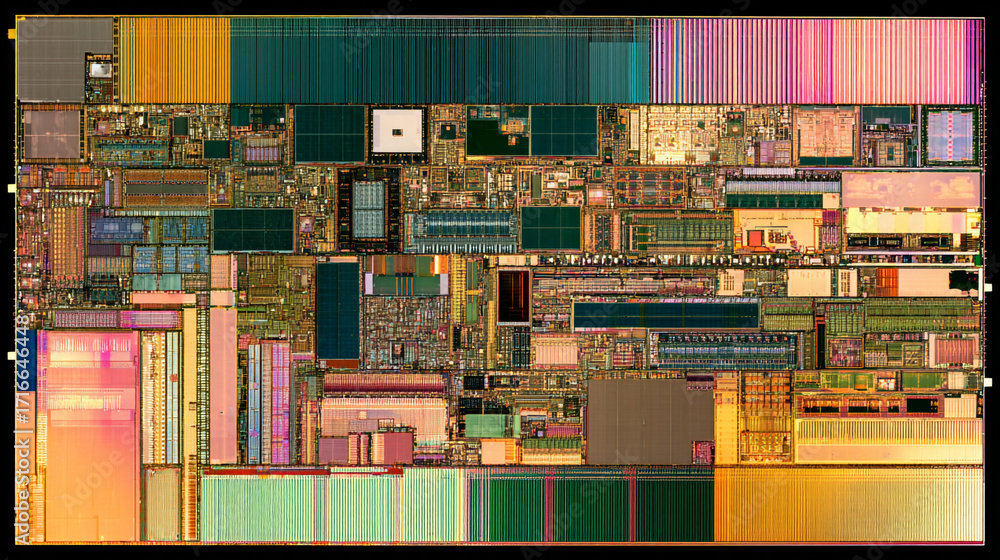 Poster microscopic view of an integrated circuit showing complex circuitry design and multicolored layers