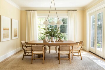 Dining room interior with wooden table chairs white curtains and neutral color scheme.