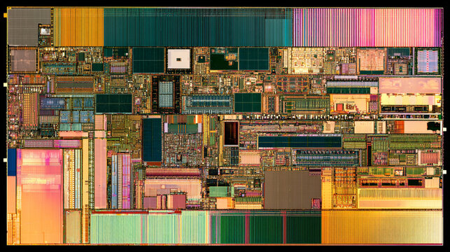 Microscopic view of an integrated circuit showing complex circuitry design and multicolored layers