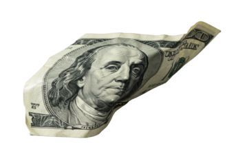 Extreme macro of crumpled US 100 dollar banknote with Franklin's portrait, tactile ink, frayed edge, on transparent, studio lit, emphasizing texture and dimensionality, concept of financial resilience