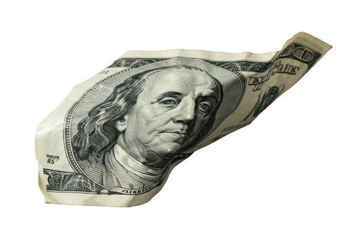 Extreme macro of crumpled US 100 dollar banknote with Franklin's portrait, tactile ink, frayed edge, on transparent, studio lit, emphasizing texture and dimensionality, concept of financial resilience