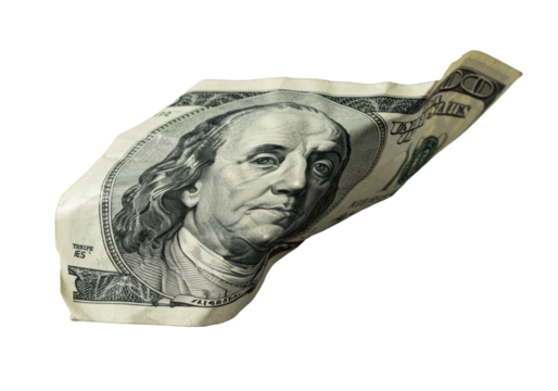 Extreme macro of crumpled US 100 dollar banknote with Franklin's portrait, tactile ink, frayed edge, on transparent, studio lit, emphasizing texture and dimensionality, concept of financial resilience