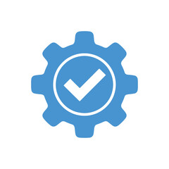  verified settings icon with blue gear and white checkmark on white background for configuration, system approval, and tech interface themes