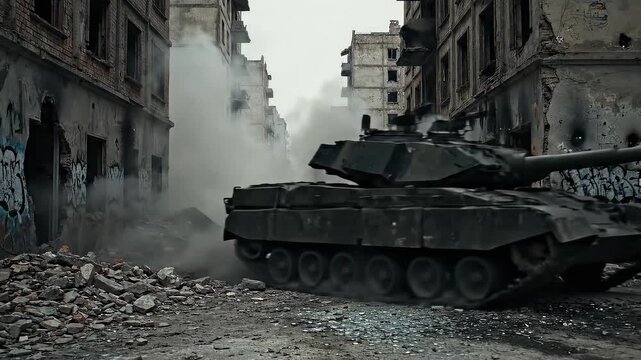 Tank in destroyed city street with smoke and debris.
