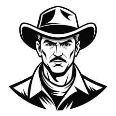 Cowboy Face Illustration – Black and White Vector of Bearded Man in Western Hat