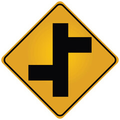 Obraz premium Cautionary Staggered Intersection Ahead Road Safety Hazard Sign for Driver Awareness Isloated On White Bg