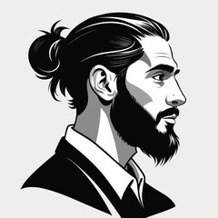 Man with Beard and Man Bun – Black and White Vector Portrait in Profile