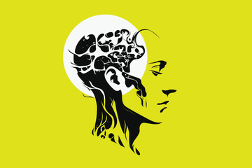 Abstract human head with brain illustration – surreal AI and psychology concept art