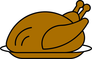 Roasted Turkey on a Platter with Black Outline on White Background Keywords: turkey, roast turkey, chicken, poultry, bird, food, meal, dinner, feast, holiday, thanksgiving, christmas, celebration