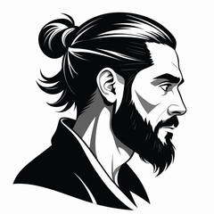 Man with Beard and Man Bun – Black and White Vector Portrait in Profile