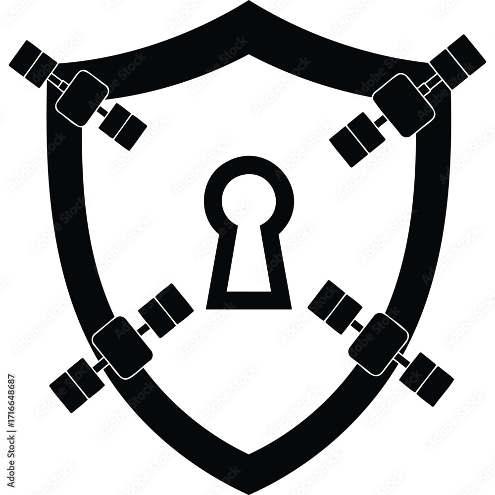 Poster satellite network security shield icon protection data keyhole lock symbol technology internet commu
