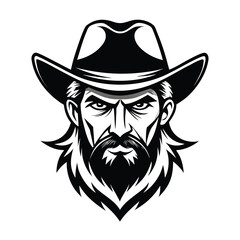 Cowboy Face Illustration – Black and White Vector of Bearded Man in Western Hat
