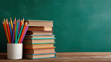 Teacher&rsquo;s Day and Back to School Classroom Desk with Books, Apple, Globe, and School Supplies on Green Chalkboard Background