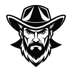 Cowboy Face Illustration – Black and White Vector of Bearded Man in Western Hat