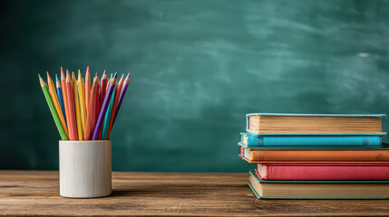 Teacher&rsquo;s Day and Back to School Classroom Desk with Books, Apple, Globe, and School Supplies on Green Chalkboard Background