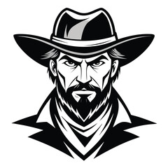 Cowboy Portrait Illustration – Black and White Vector of Bearded Man in Hat and Bandana