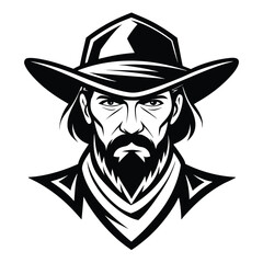 Cowboy Portrait Illustration – Black and White Vector of Bearded Man in Hat and Bandana