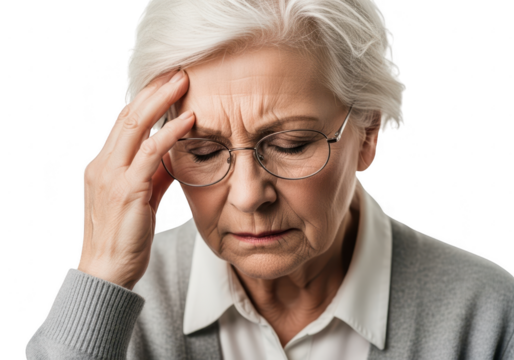 Elderly woman experiencing headache holding her temple with eyes closed suffering from pain transparent background