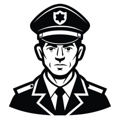 Police Officer Portrait – Black and White Vector Illustration of Law Enforcement Man in Uniform