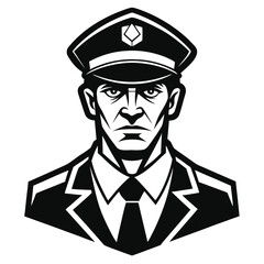 Police Officer Portrait – Black and White Vector Illustration of Law Enforcement Man in Uniform