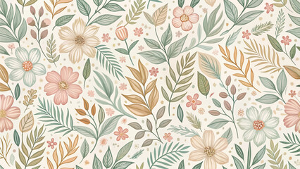 Seamless Vintage Floral Pattern with Pastel Leaves and Hand Drawn Flowers